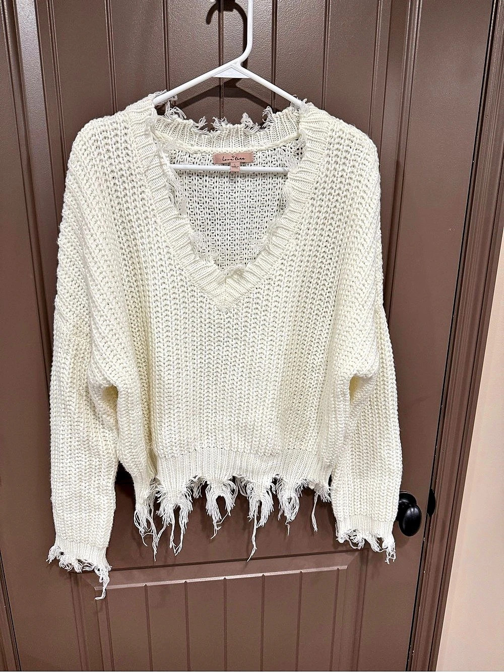 Little Free Distressed V-Neck Sweater in Cream
